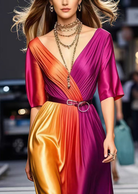 Gradient Color Cinched Tie Dye Silk Dress Summer
