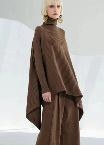 Diy Coffee Turtle Neck Asymmetrical Wool Sweater Tops Long Sleeve