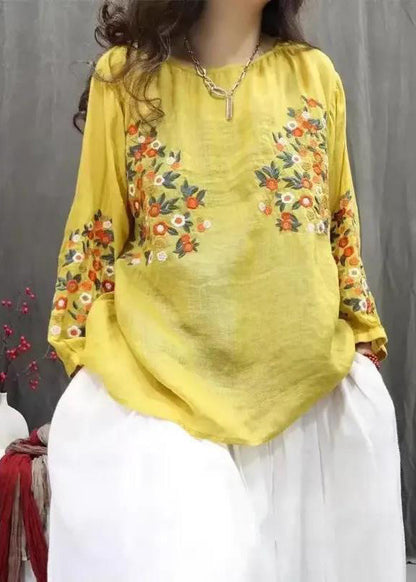 Blue O-neck Embroidered Tops Fall