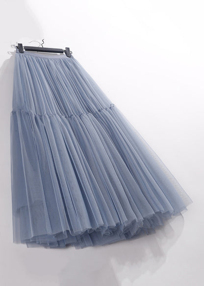 Loose Blue High Waist Tulle Pleated Skirt