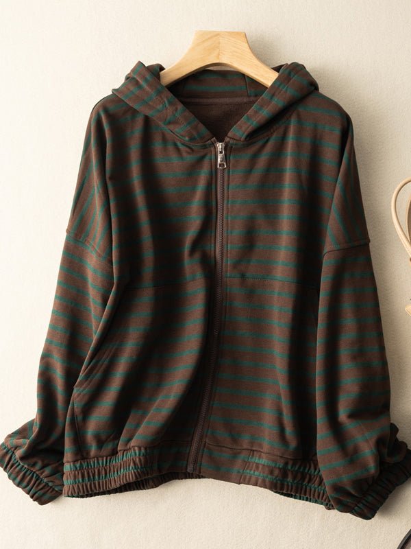 100% Natural Material Striped Zipper Literary Retro Hoodie Coat