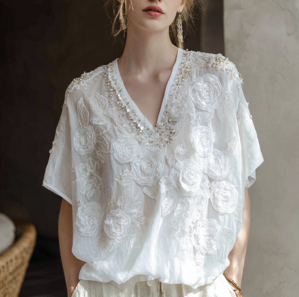 Bohemian Style Woman's V-neck White Rose Short-sleeved Shirt elevenforest