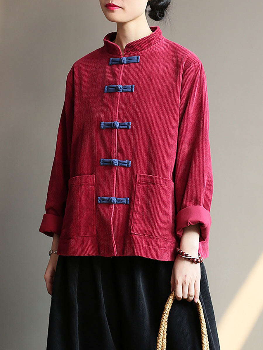 Winter Chinese Style Frog Corduroy Pocket Coat