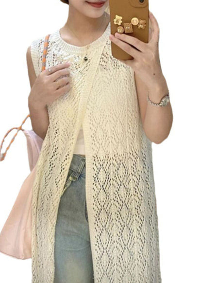 Beige O Neck Side Open Knit Dresses Sleeveless