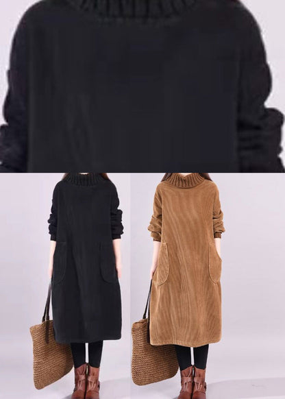 Coffee Patchwork Thick Corduroy Dresses Turtle Neck Long Sleeve