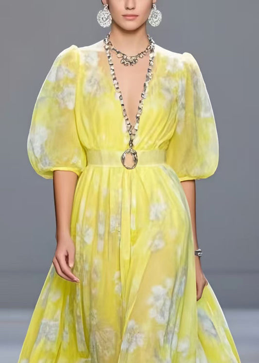 Yellow Cinched Print Chiffon Vacation Dresses Half Sleeve