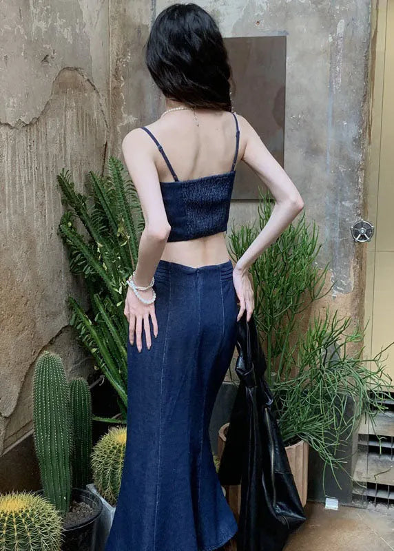 Navy Slim Fit Patchwork Denim Tops and Skirts Two Pieces Set Summer