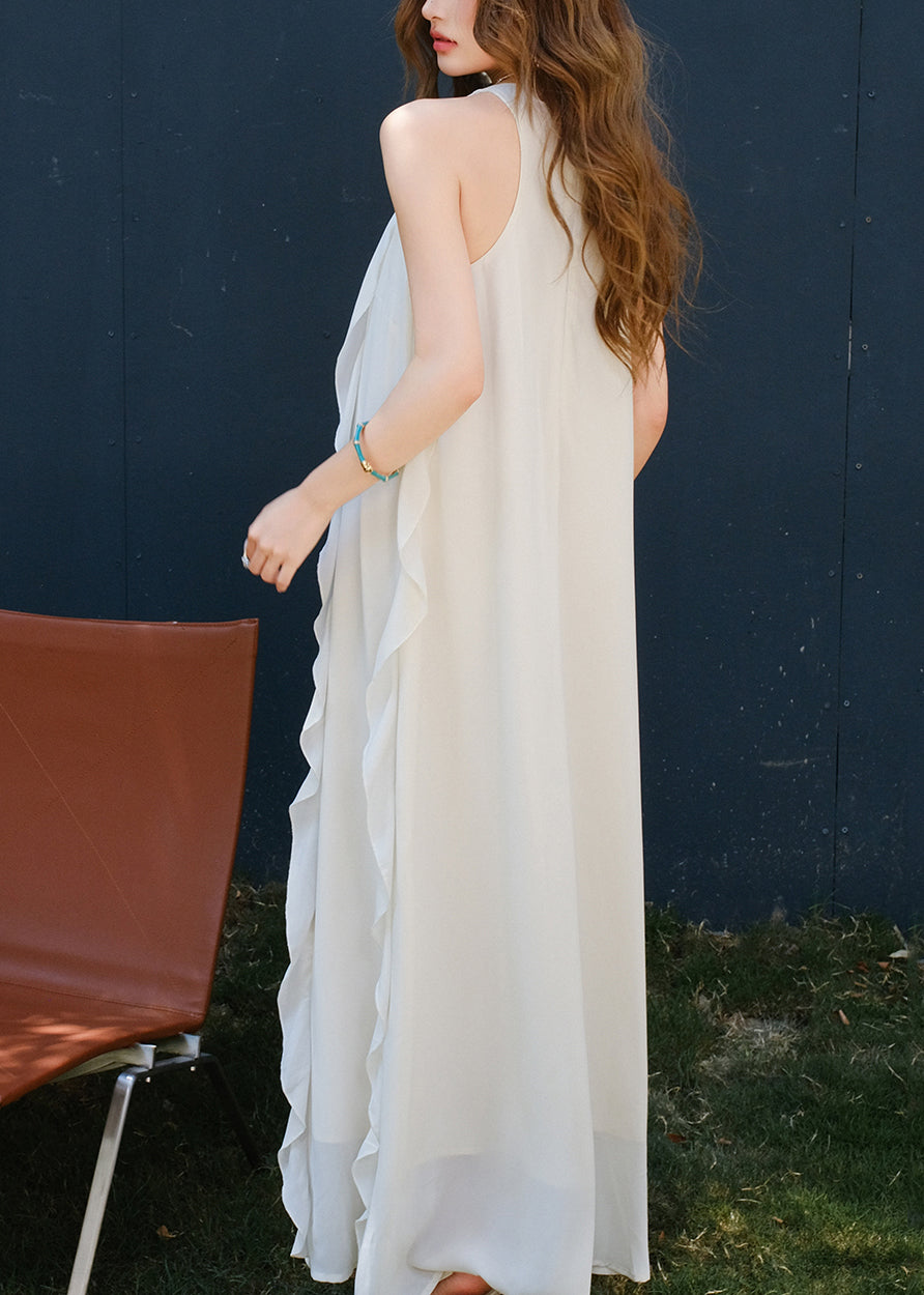 Italian White O Neck Ruffled Cotton Long Dresses Sleeveless