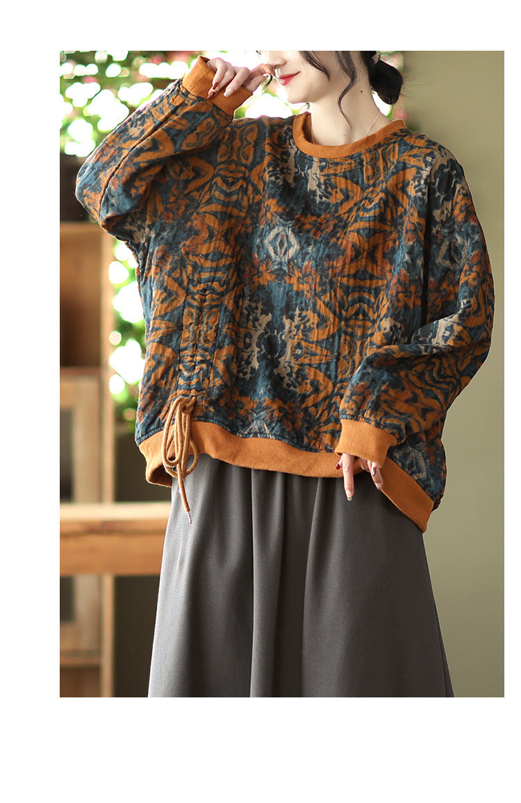 Large Size Slim Round Neck Printed Retro Loose Sweater
