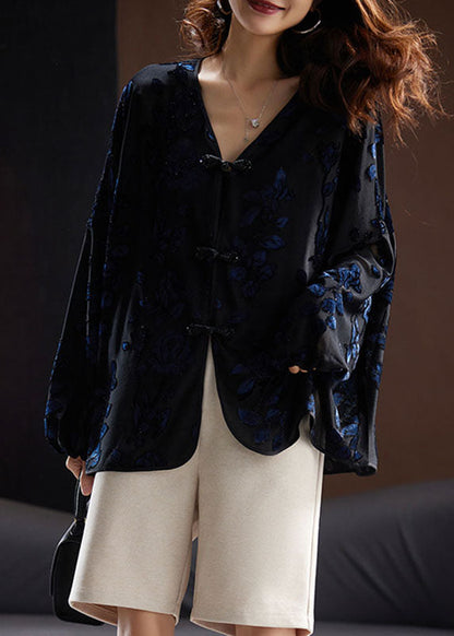 Black V Neck Embroidered Velour Shirt Fall