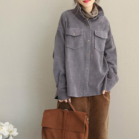 Pink and Gray Fall Loose Corduroy Short Coat for