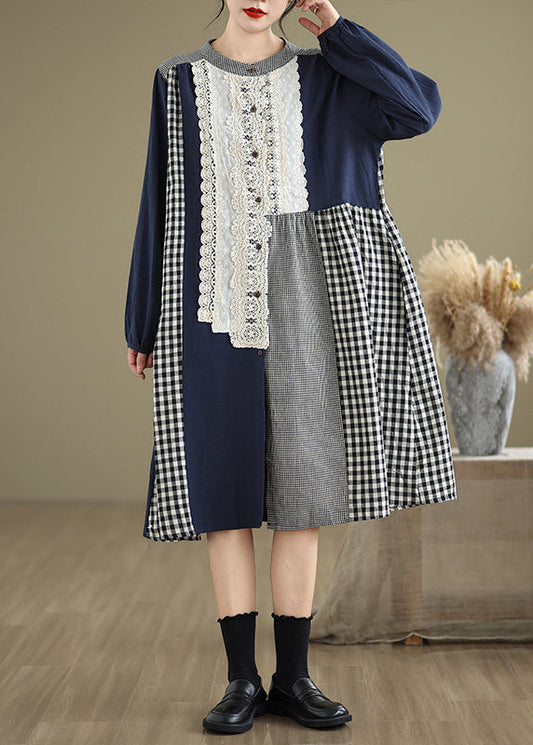 Original O-neck Lace Patchwork Plaid Long Dresses Fall