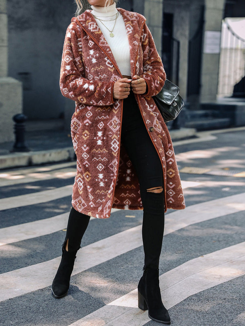 Coats Geometric Print Single Breasted Hood Plush Coats