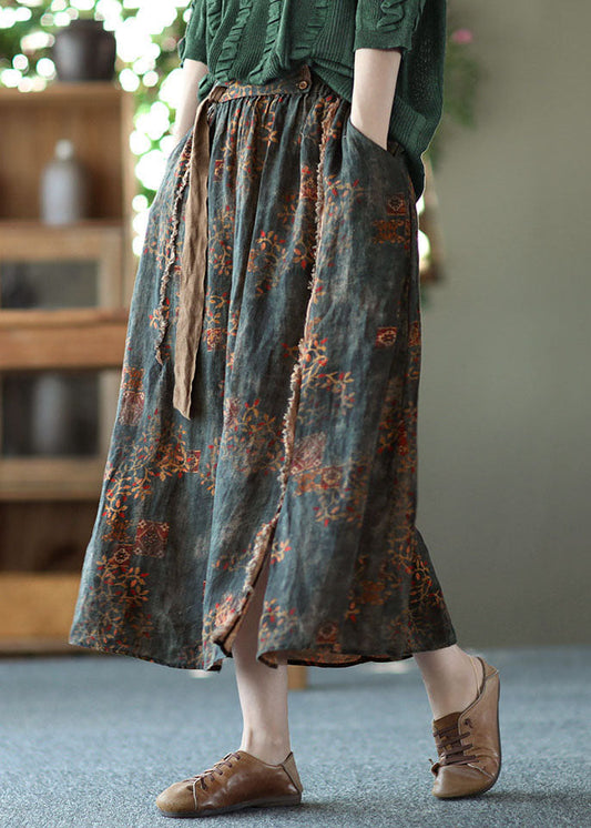 Navy Loose Linen a Line Skirt Sashes Elastic Waist Summer