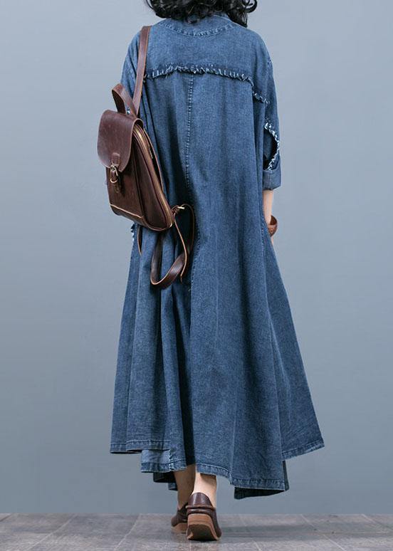 Denim Blue Coat Oversize Fall Coat Notched Large Pockets Coats
