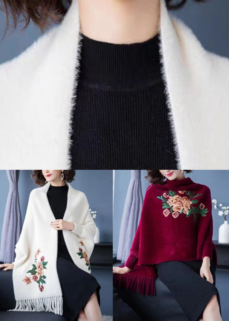 White V Neck Tasseled Patchwork Mink Velvet Cardigans Fall