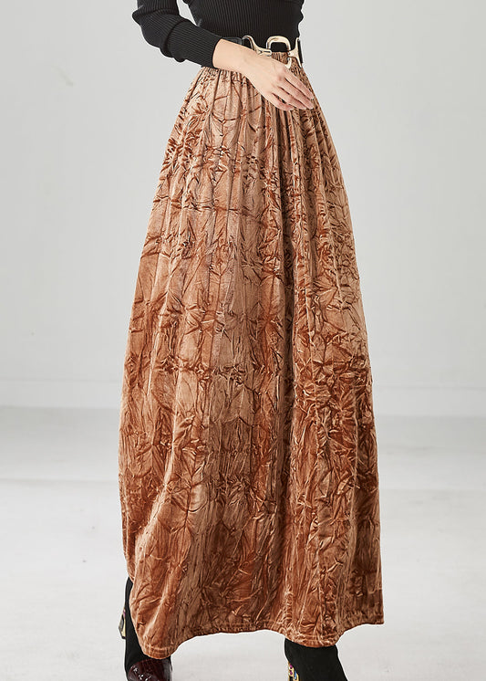 Khaki Elastic Waist Wrinkled Silk Velour Skirt Fall