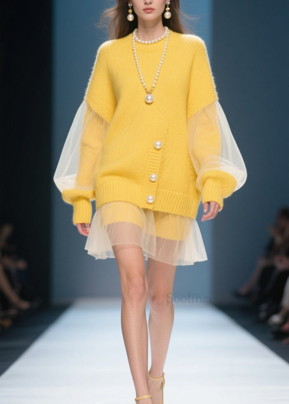 Yellow O Neck Tulle Patchwork Knit Dress Fall