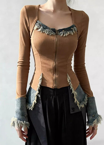 Square Collar Zippered Denim Patchwork T Shirt Spring
