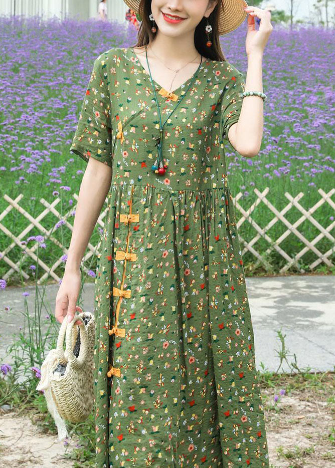 Green Stand Collar Chinese Button Print Linen Dress Summer