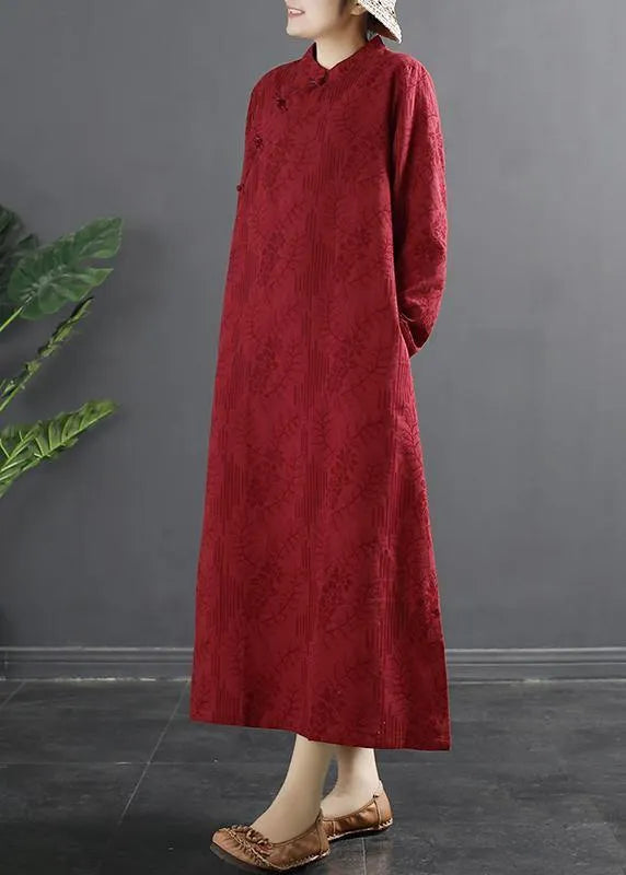 Classy Red Jacquar Dresses Stand Collar a Line Dress
