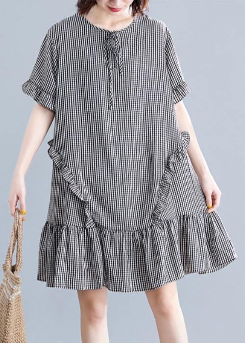 French Black Plaid Cotton Quilting Dresses O Neck Ruffles Cotton Dress