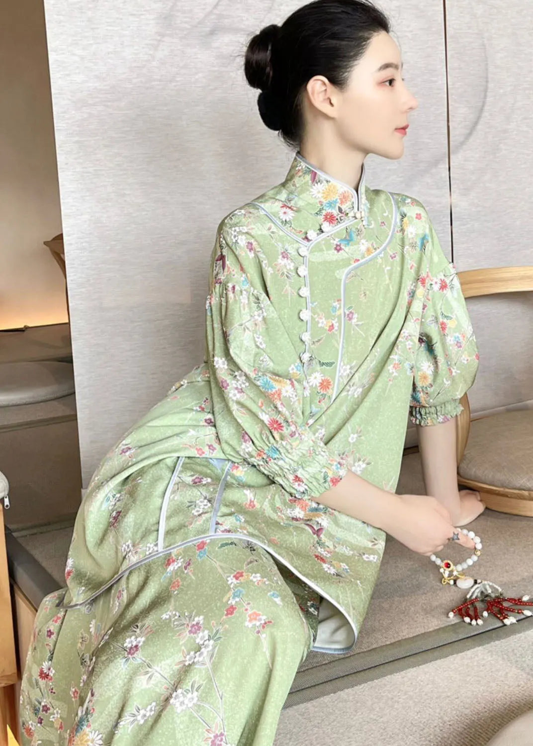 Handmade Light Green Embroidered Button Silk Top and Maxi Skirts Two Pieces Set Fall