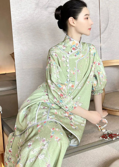 Handmade Light Green Embroidered Button Silk Top and Maxi Skirts Two Pieces Set Fall