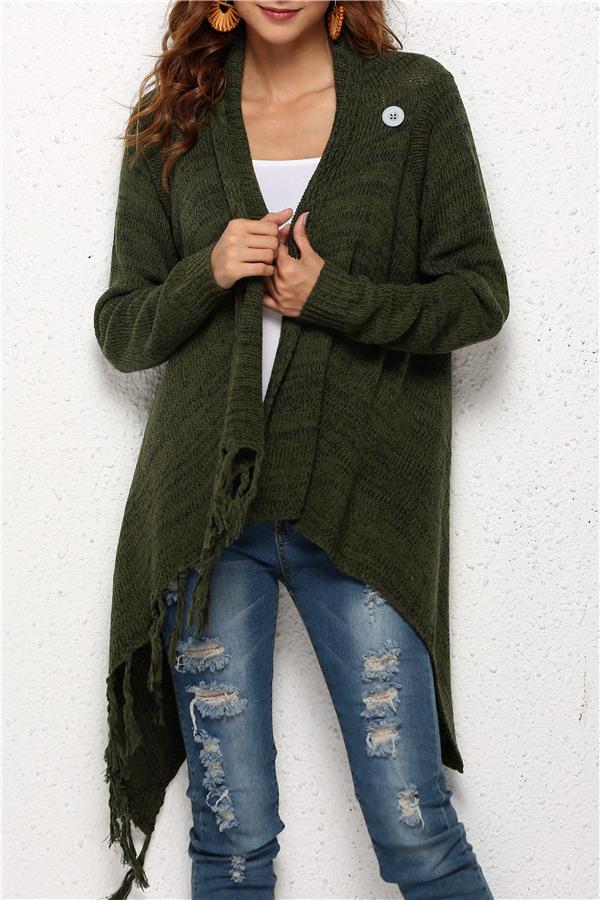 Tassel Asymmetrical Hem Shawl Speckled Fringe Cardigan - Khaki