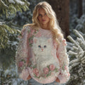 Women's Cute Cat Pink Rose Embroidery Art Cozy Knit Sweater elevenforest