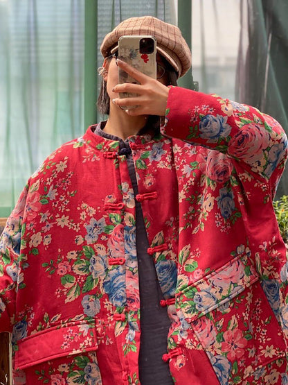 Oversize Pockets Print Cotton Coat