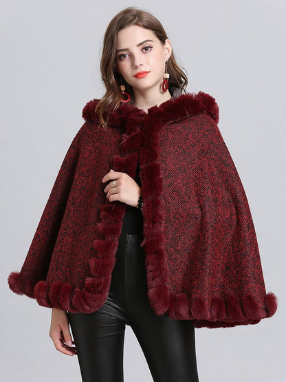 Hooded Winter Coat Faux Fur Long Sleeve Open Front Luxurious Cape Coat for