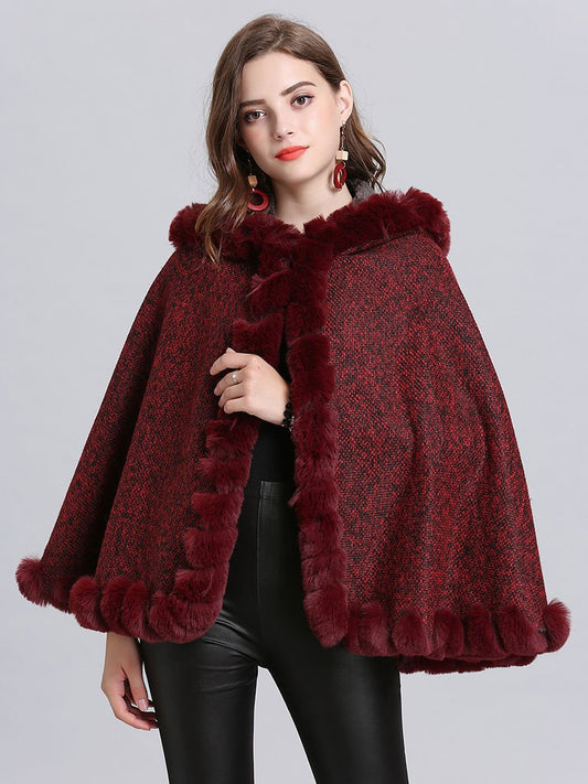 Hooded Winter Coat Faux Fur Long Sleeve Open Front Luxurious Cape Coat for