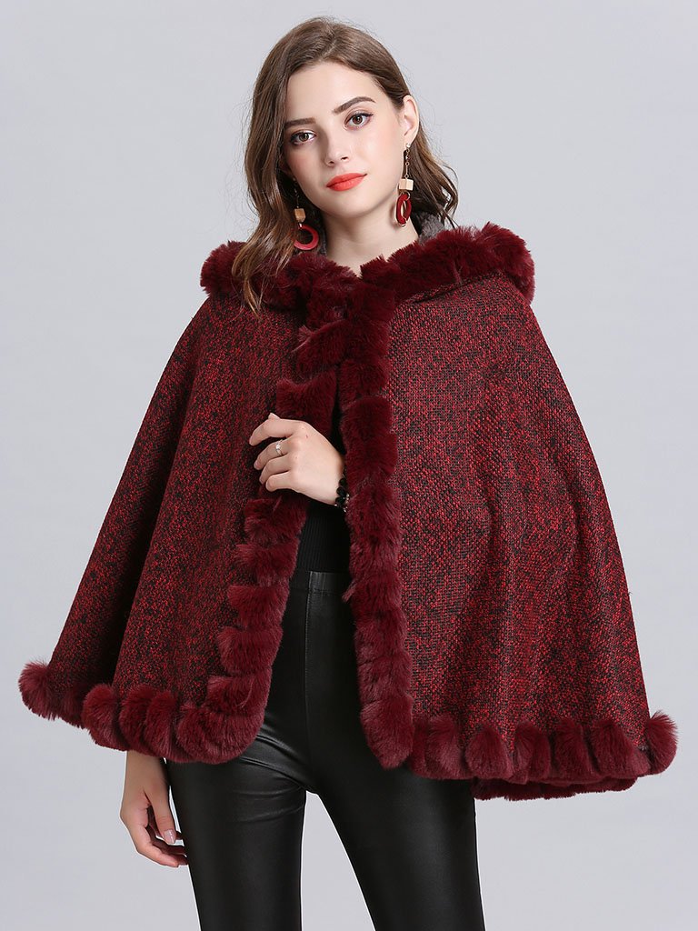 Hooded Winter Coat Faux Fur Long Sleeve Open Front Luxurious Cape Coat for