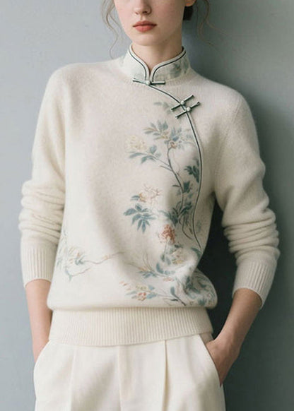 White Thick Knit Sweater Stand Collar Winter