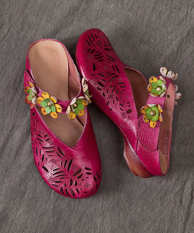 Purple Hollow Out Cowhide Leather Slide Sandals