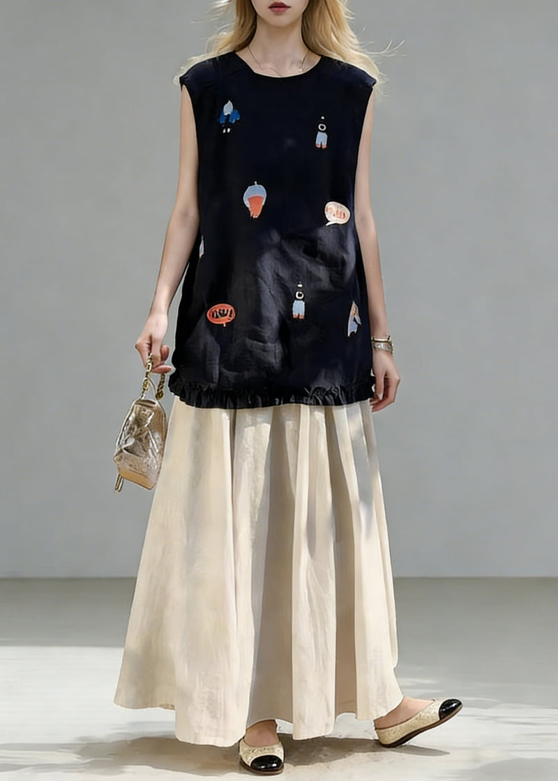 New Navy Print Ruffled Tops and Linen Skirts Two Piece Set Summe