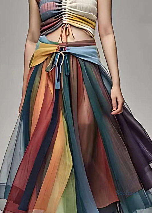 Rainbow High Waist Tie Waist Chiffon Maxi Skirt Summer