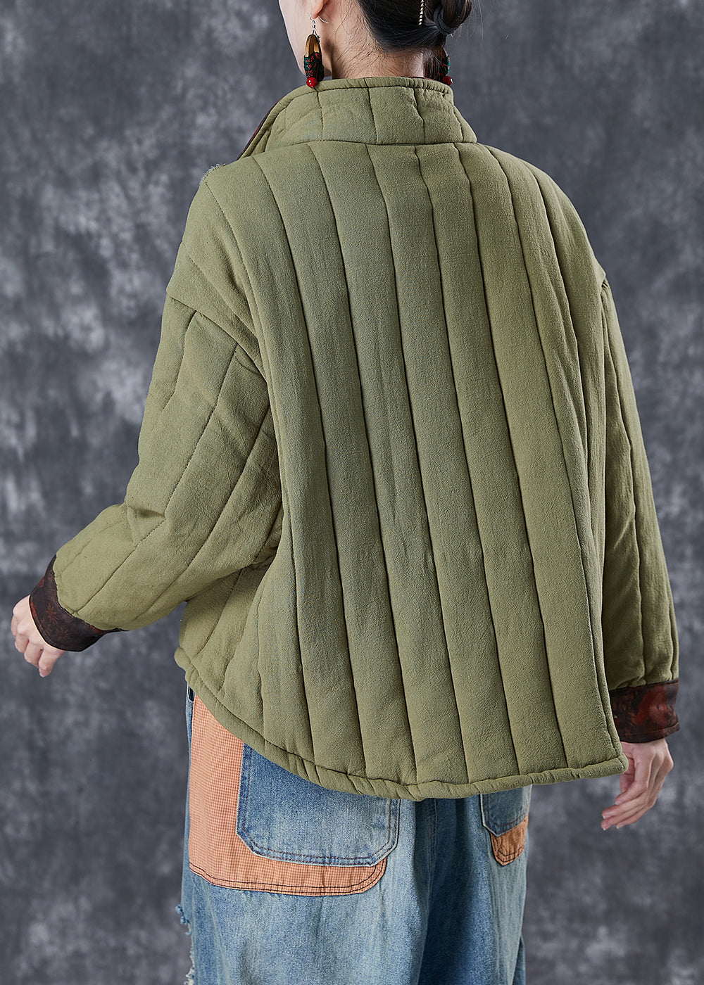 Army Green Patchwork Pockets Fine Cotton Filled Coat Oversized Winter