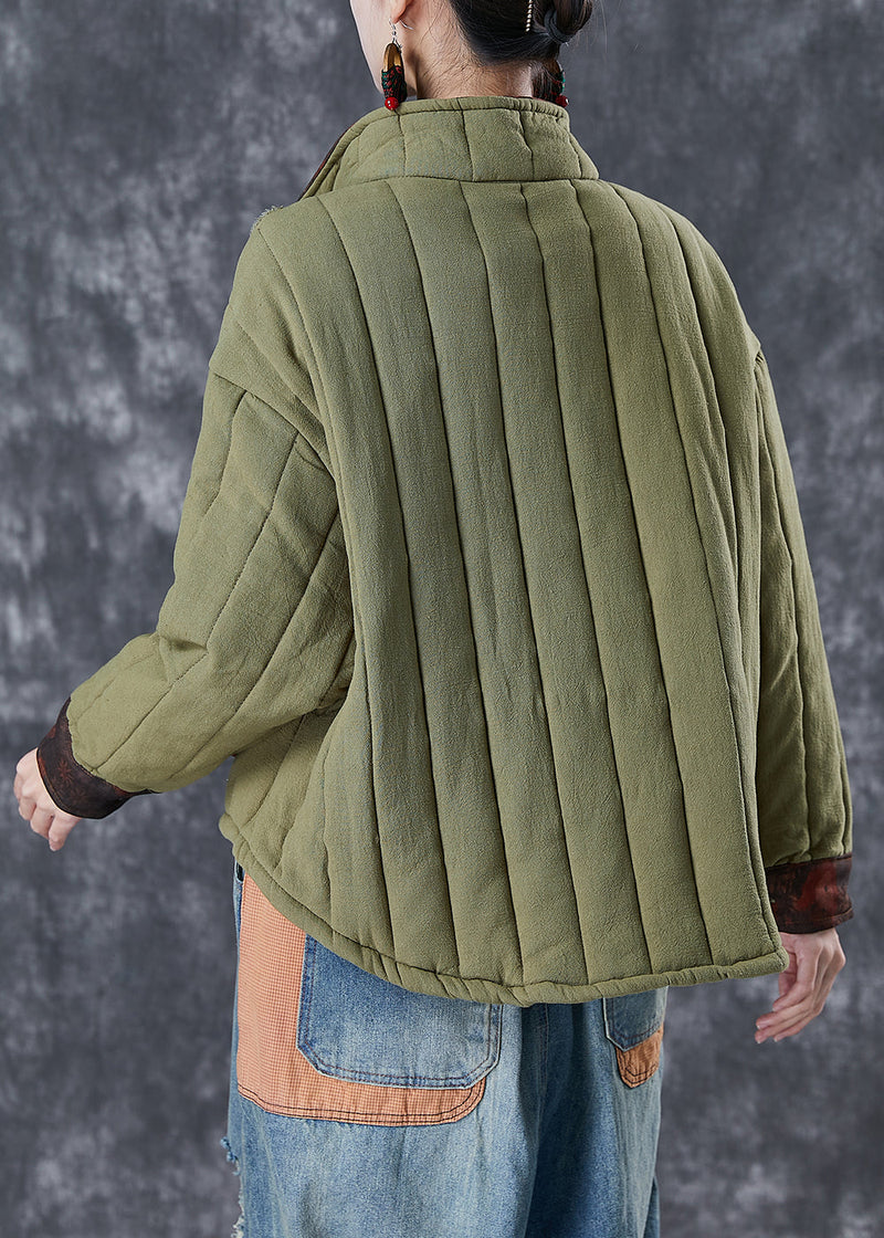 Army Green Patchwork Pockets Fine Cotton Filled Coat Oversized Winter