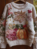 Pumpkin And Flower Multi-color Plush Warm Round Neck Sweater artswardrobe
