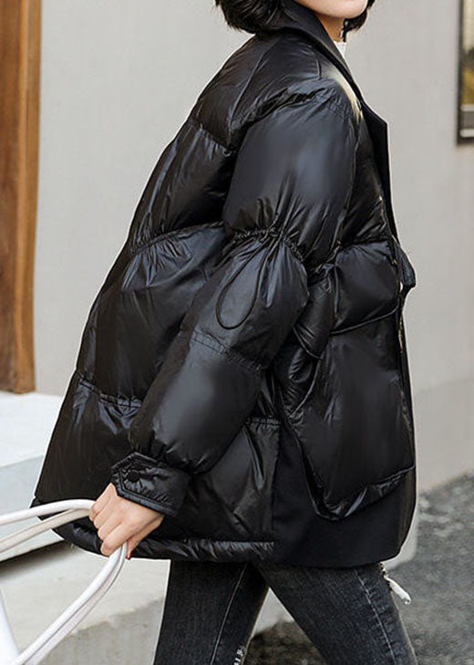 Loose Black Patchwork Pockets Drawstring Winter Duck Down Coat