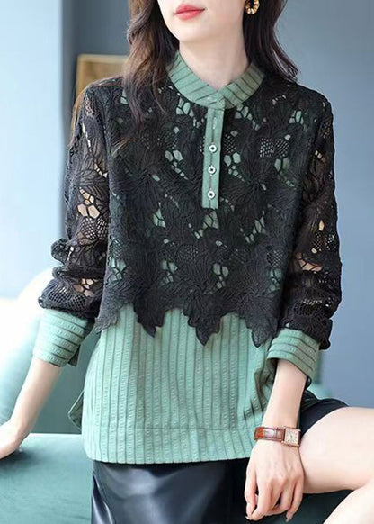 Vogue Green Striped Button Lace Patchwork Shirt Spring