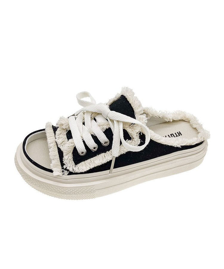 Black Platform Canvas Splicing Slide Sandals Lace Up