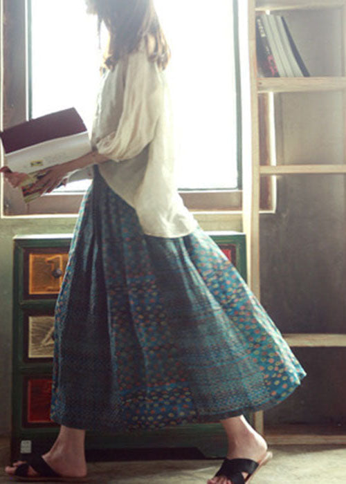 Green Elastic Waist Print Patchwork Linen Skirts Fall