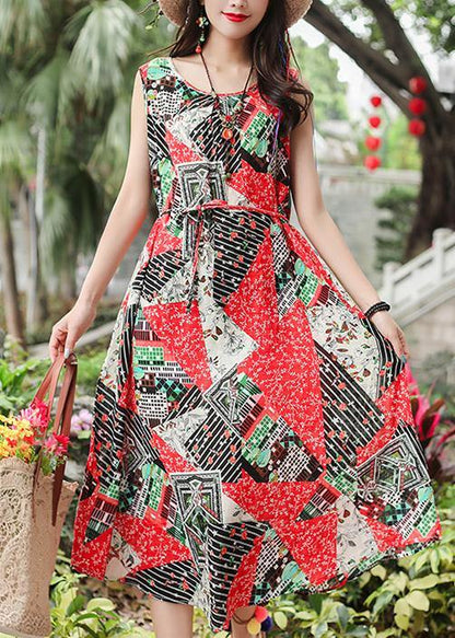 Red Print Cotton Clothes Sleeveless Tie Waist a Line Summer Dresses