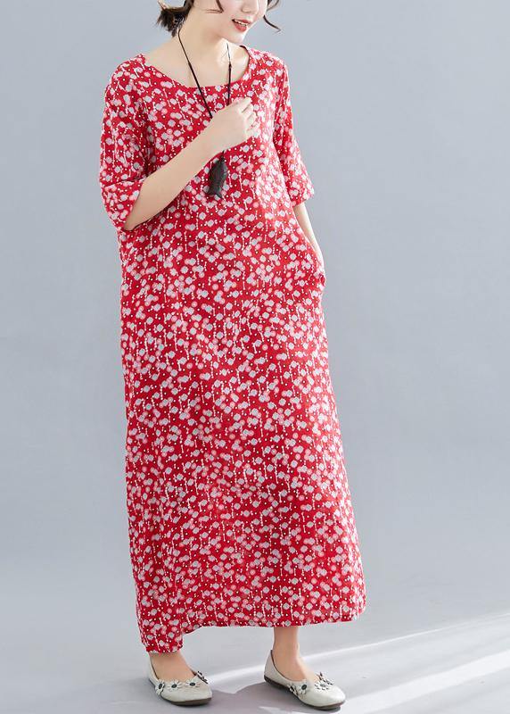 O Neck Pockets Linen Cotton Clothes Tutorials Red Print Dresses Summer