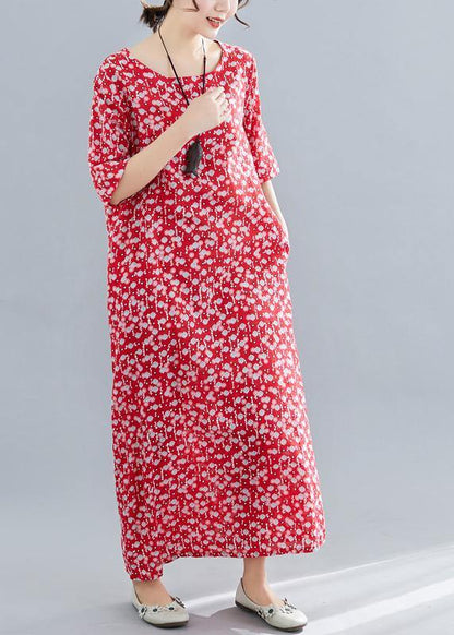O Neck Pockets Linen Cotton Clothes Tutorials Red Print Dresses Summer
