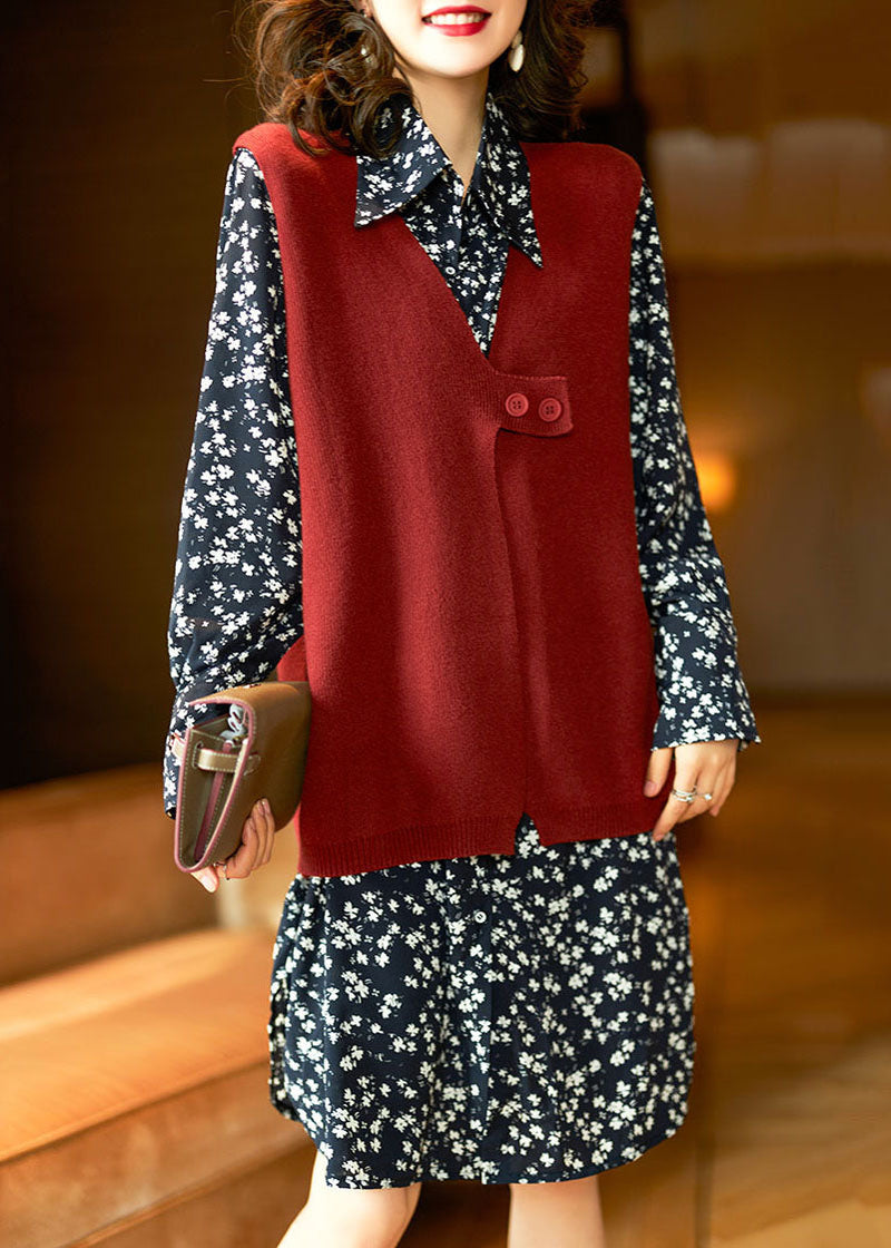 Red Knit Vest Shirts Dresses Chiffon Sets 2 Pieces Fall