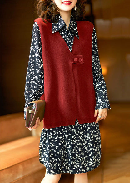 Red Knit Vest Shirts Dresses Chiffon Sets 2 Pieces Fall